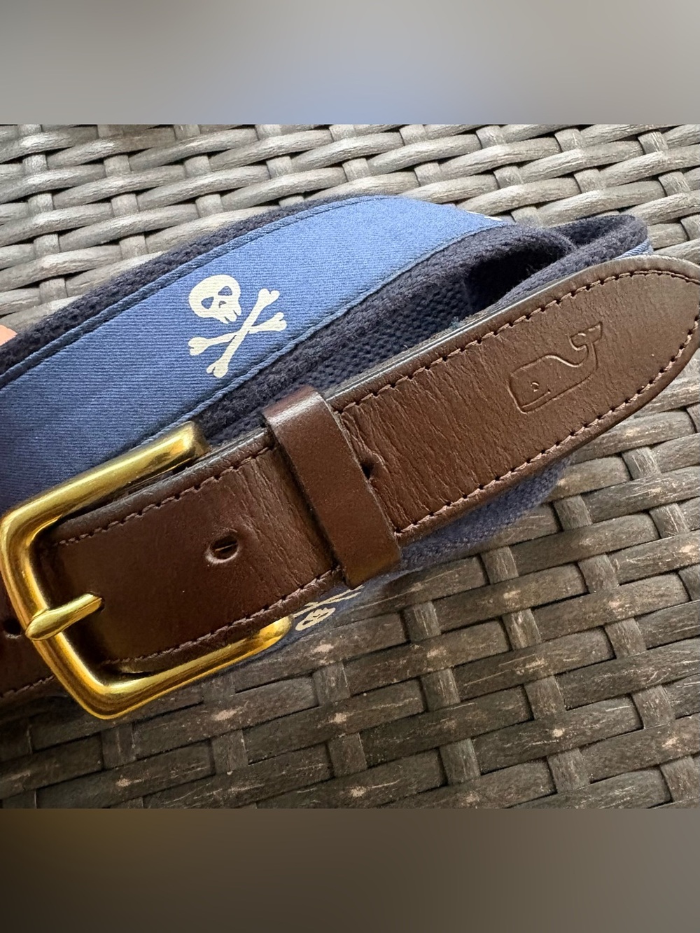 Vineyard Vines Men's Navy Skull Canvas Belt with Brown Leather Trim